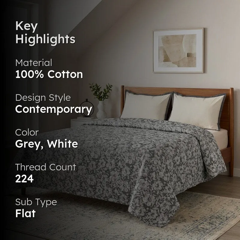 Blossom Breeze Cotton Bedsheet (Grey) - 224 TC media 2