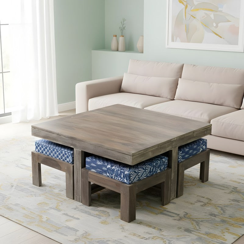 Exiron Sheesham Wooden Center Table with Stools and Cushions (Grey,Blue) - Nine Piece Set