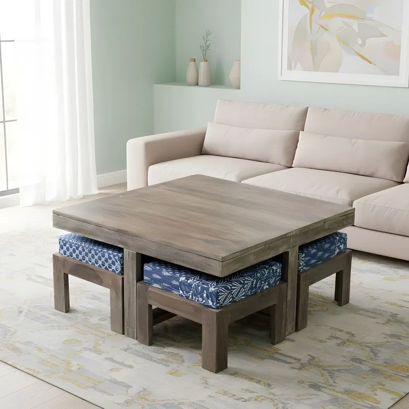Exiron Sheesham Wooden Center Table with Stools and Cushions (Grey,Blue) - Nine Piece Set media 1