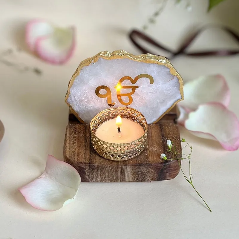 Ik Onkar Handcrafted Agate Religious Accent With Tealight Candle Holder - White media 4