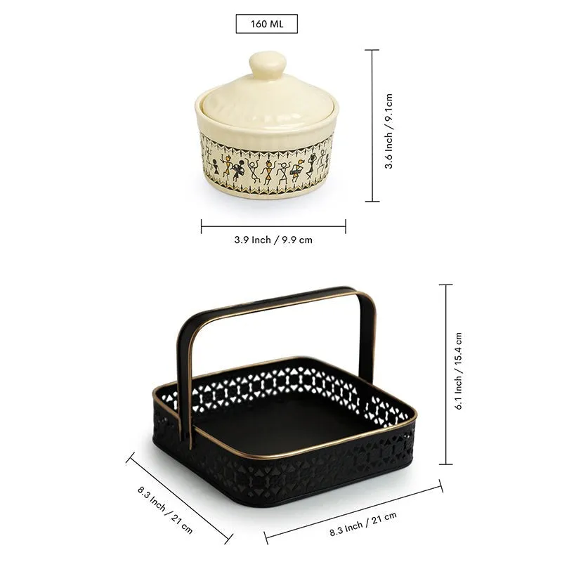 Open black holder and separate ivory jar shown with product dimensions.