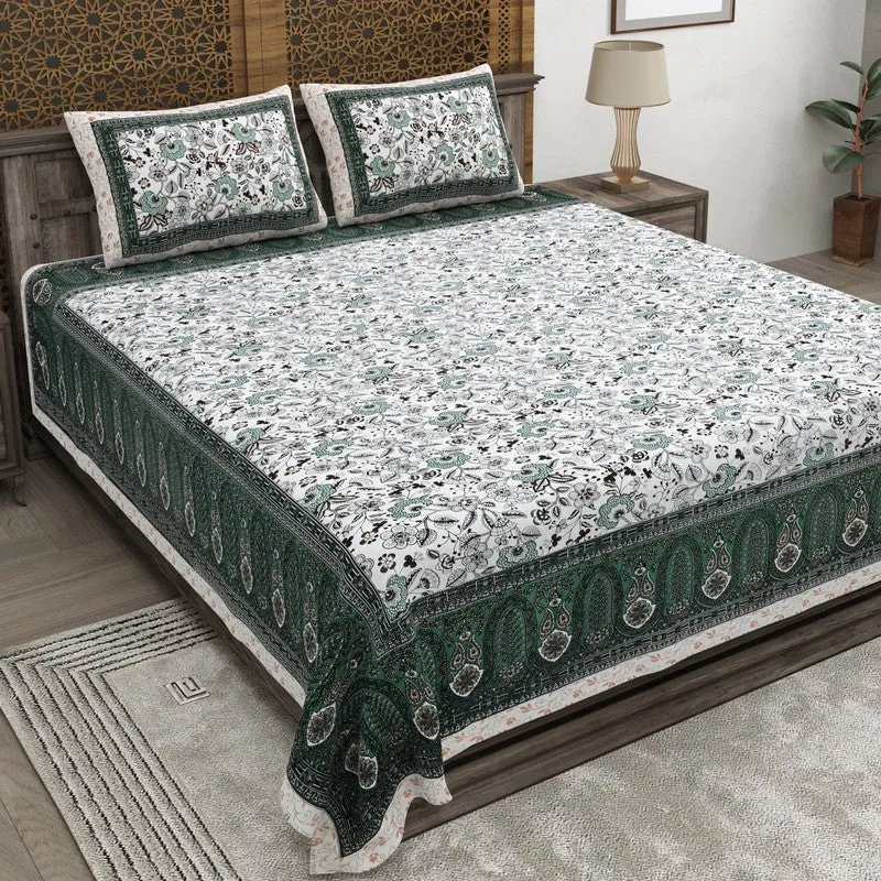 Weavera Cotton Bedsheet (White,Green) - 240 TC media 1