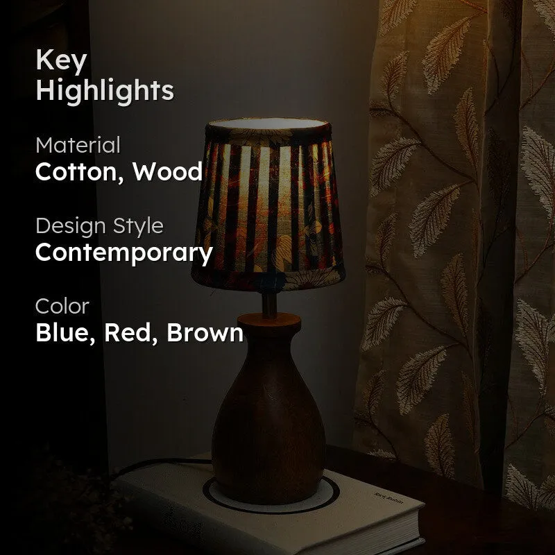 Noir Bloom Wooden Base Cotton Table Lamp - Blue,Red,Brown media 2