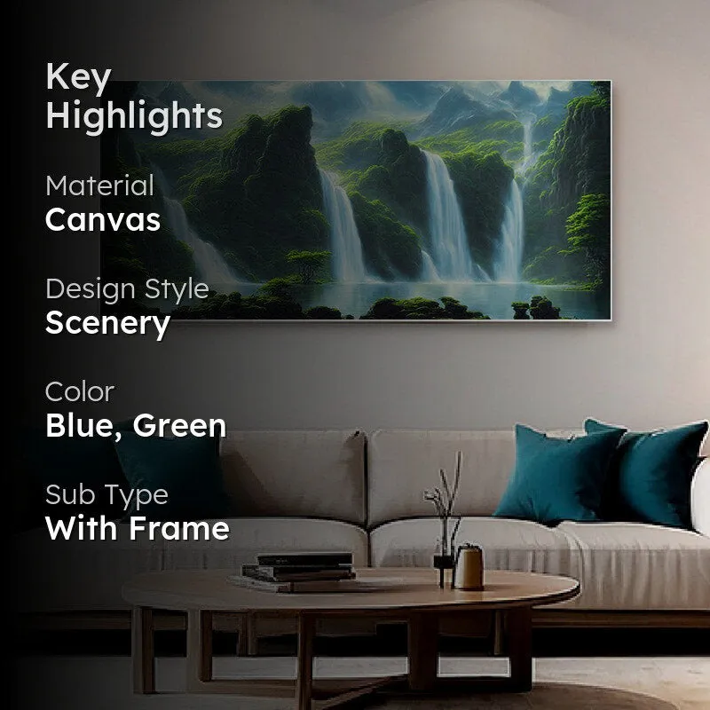 Styled room scene with waterfall wall painting and highlight text overlay