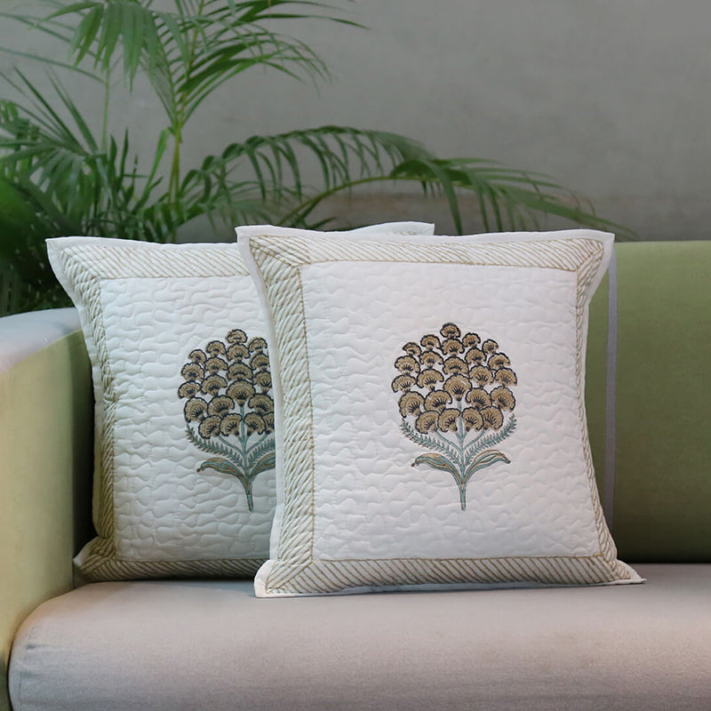 India Circus Fleur Haven Printed Cotton Cushion Cover (White & Beige)- Set Of Two media 3