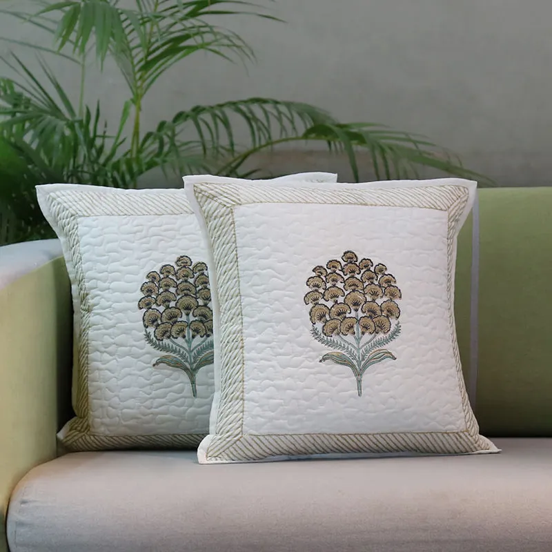 India Circus Fleur Haven Printed Cotton Cushion Cover (White & Beige)- Set Of Two media 3