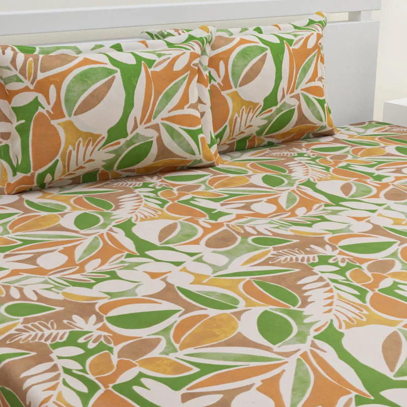 Spa Florals Cotton Bedsheet (Green, Orange) - 144 TC media 3