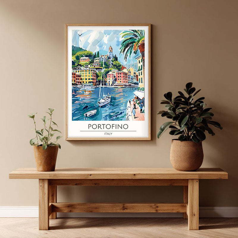 Vintage Portofino Framed Canvas Archival Canvas Wall Painting - Natural Brown Frame