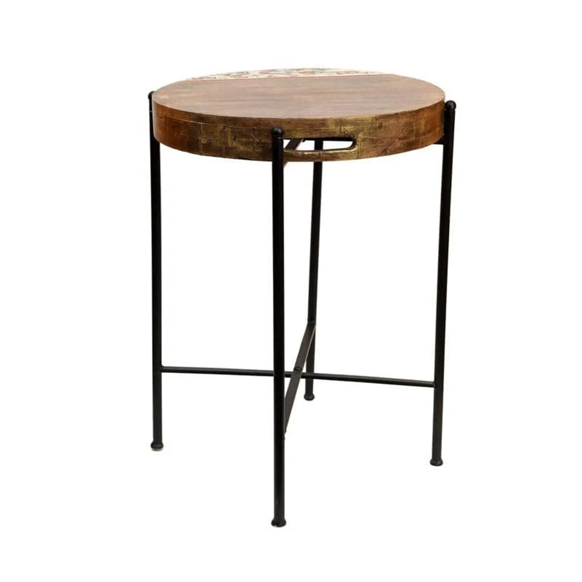Rear view of round wooden platter with black metal folding stand