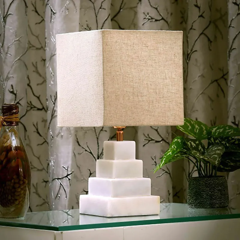 Pyramid Hand Crafted Marble Fabric Table Lamp - Beige,White media 4