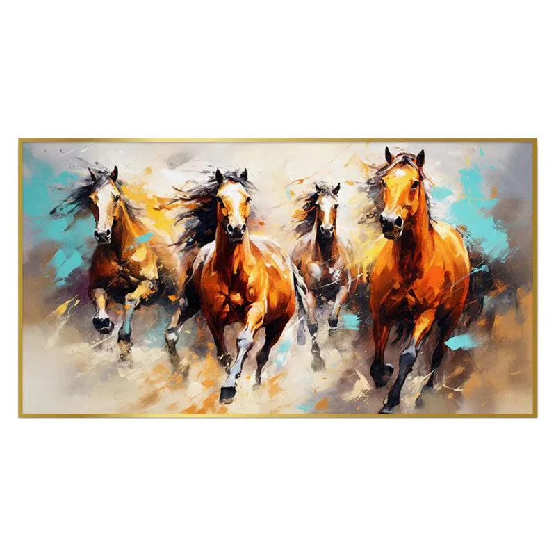 Roan Stallions Canvas Wall Painting With Frame - Gold media 3