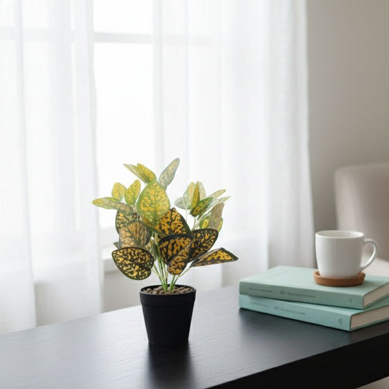 Artificial Dotted Philodendron Plant With Black Fiber Pot (Yellow) - 0.9 Feet media 5