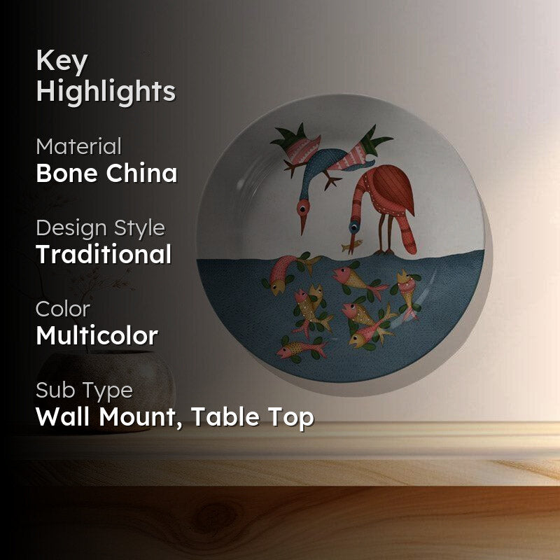 Fishing Cranes Gond Art Wall Plate media 2