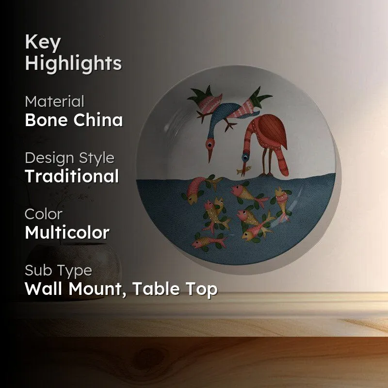 Fishing Cranes Gond Art Wall Plate media 2
