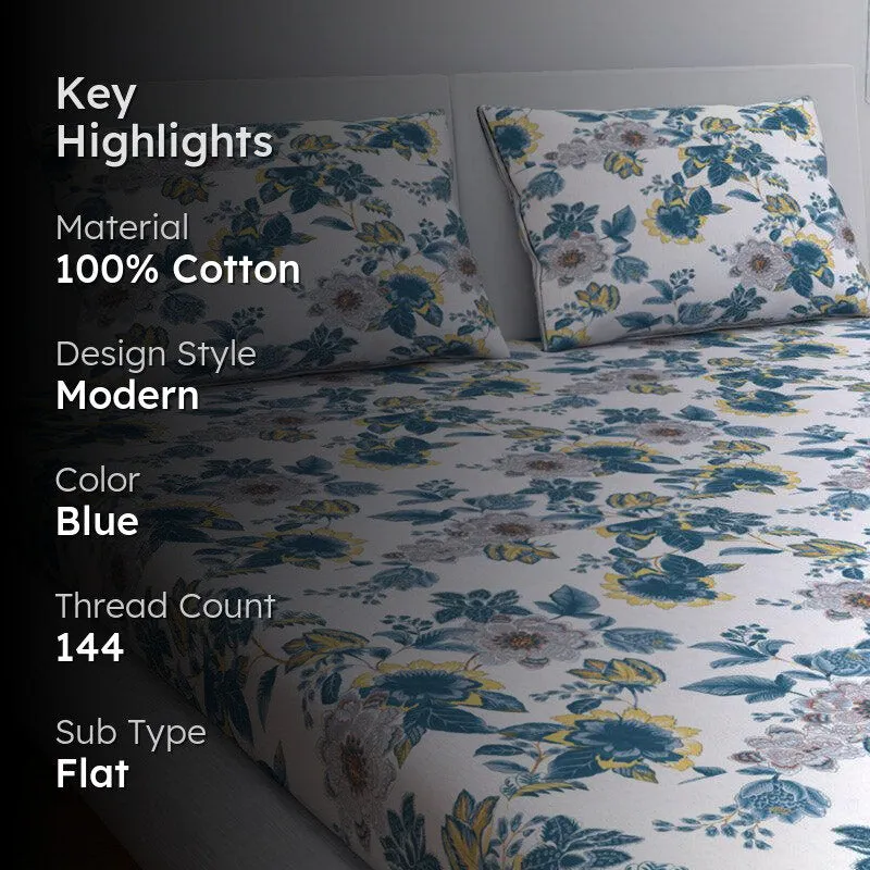 Himeya Comfort Percale Jade Garden Cotton Bedsheet (Blue) - 144 TC media 2