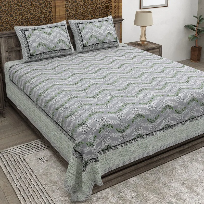 Bloomix Cotton Bedsheet (Grey,Green) - 240 TC media 1