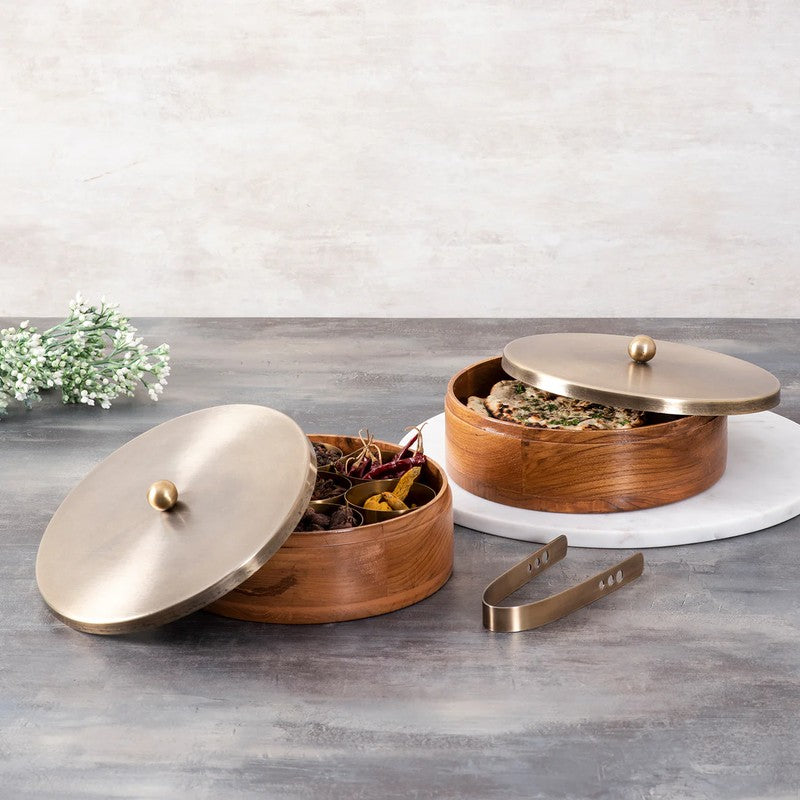 Rasoiya Teak Wood Round Masala Box - Three Piece Set