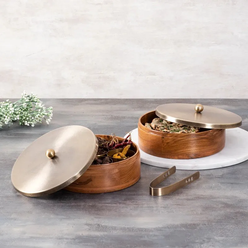 Rasoiya Teak Wood Round Masala Box - Three Piece Set media 1