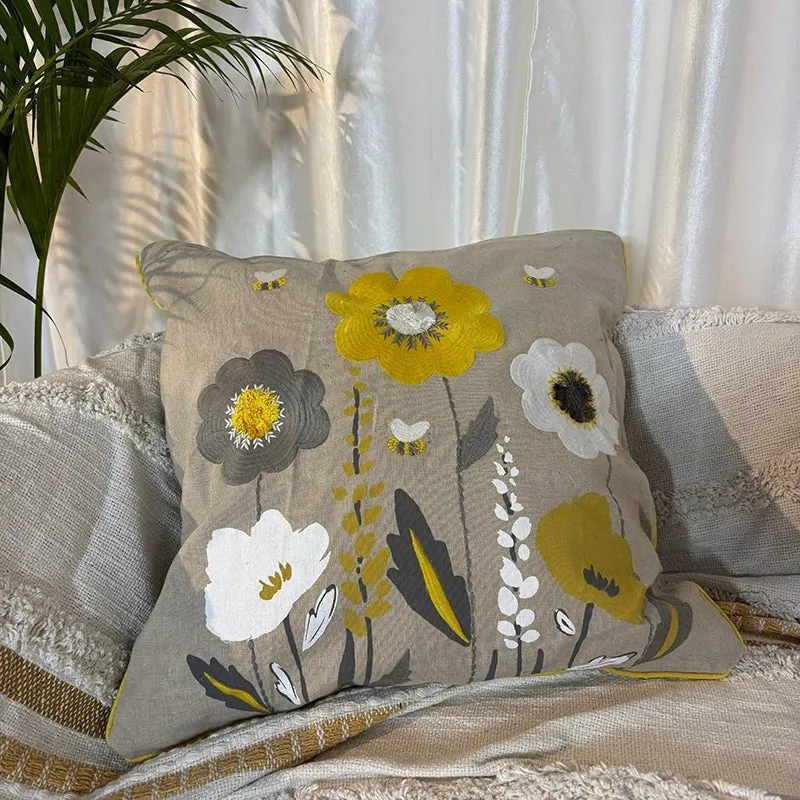 Ochre Flowers Tufted Cushion Cover - Yellow & Grey media 3