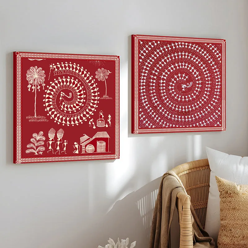 Warli Motif II Canvas Wall Art - Set Of Two media 3