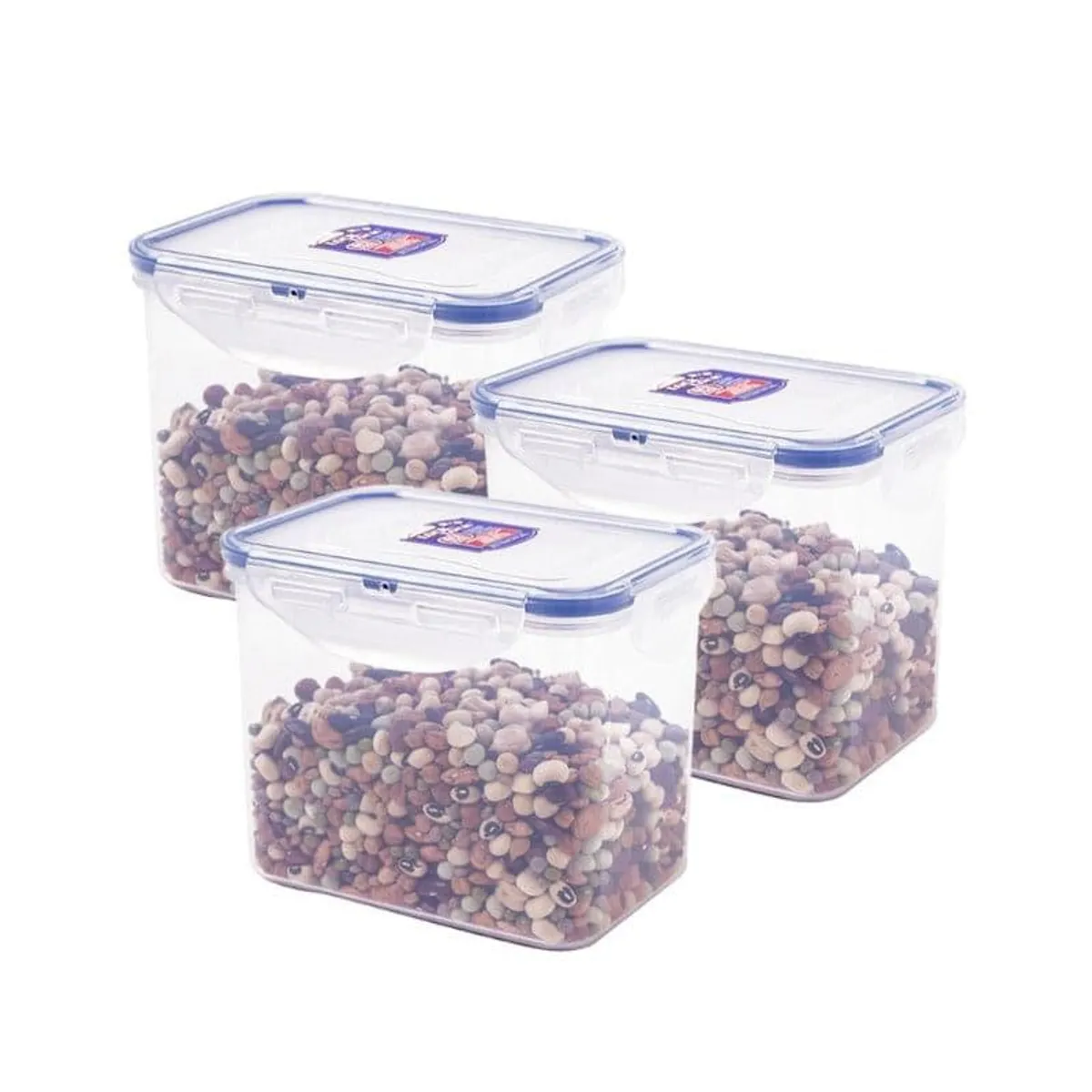 Three transparent rectangular storage containers filled with pulses against a white background