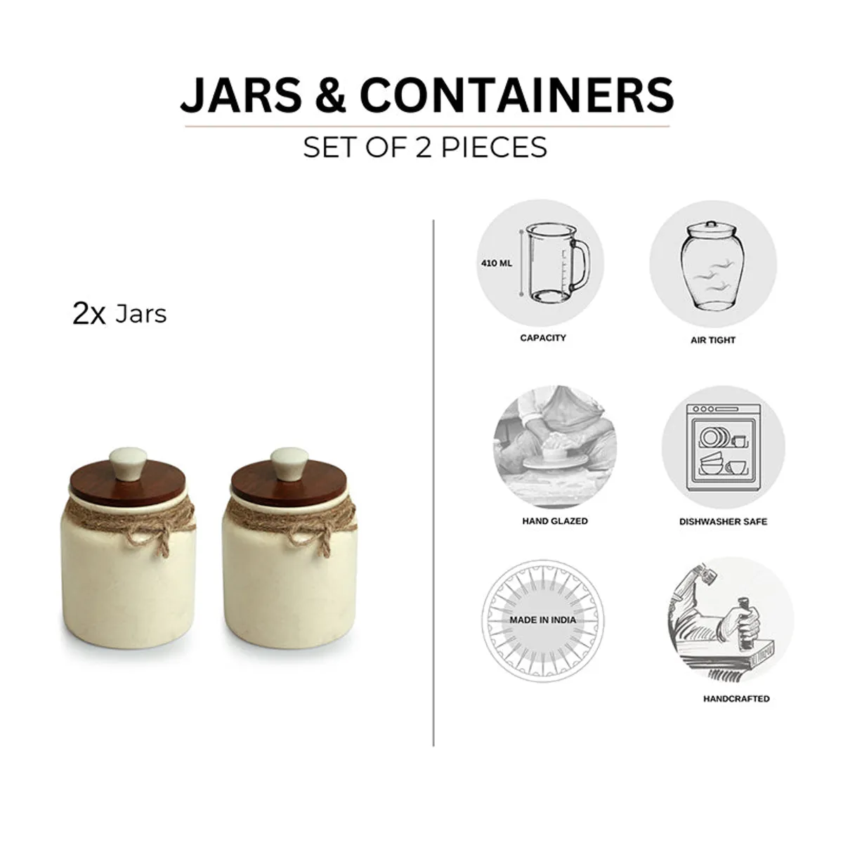 Two matching ceramic jars with wooden lids displayed as a set