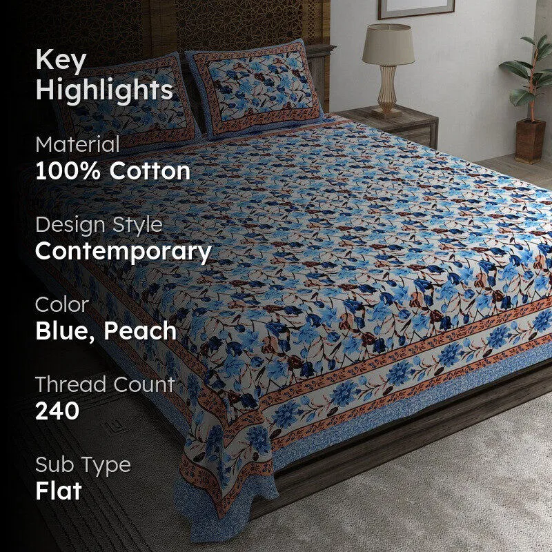 Rangon Cotton Bedsheet (Blue,Peach) - 240 TC media 2