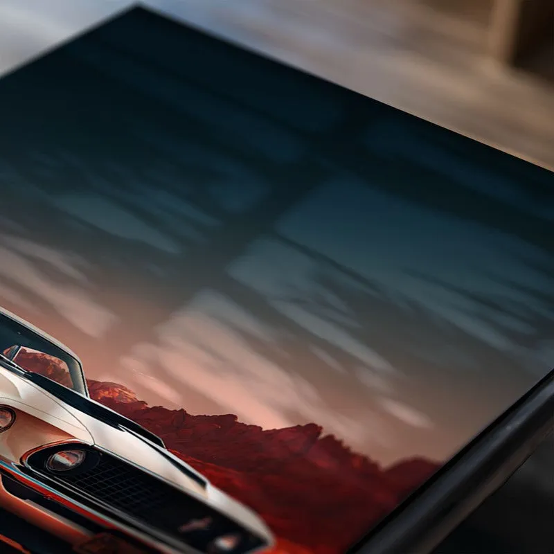 Close-up of a white classic car poster against a desert backdrop