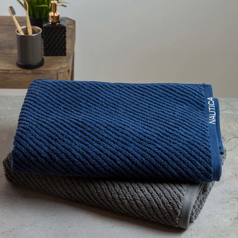 Nautica Riviera Soft Cotton Bath Towel (Navy Blue & Dark Grey) - Set Of Two media 4
