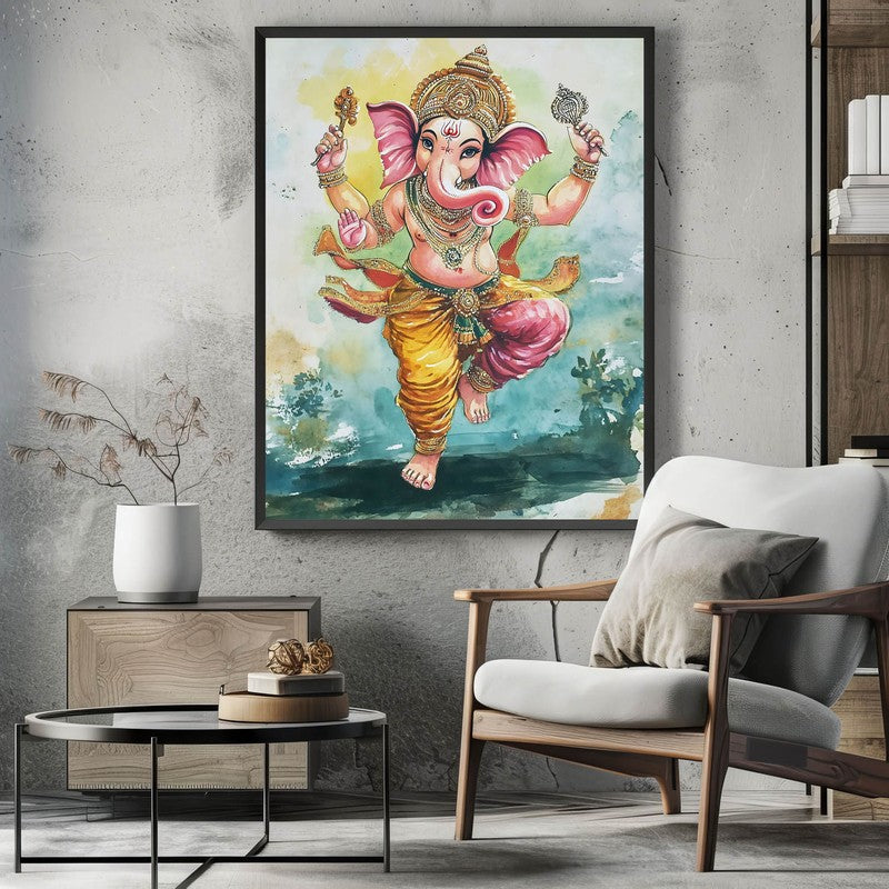 Nritya Ganesha Spiritual Archival Paper Wall Painting With Frame - Black media 3