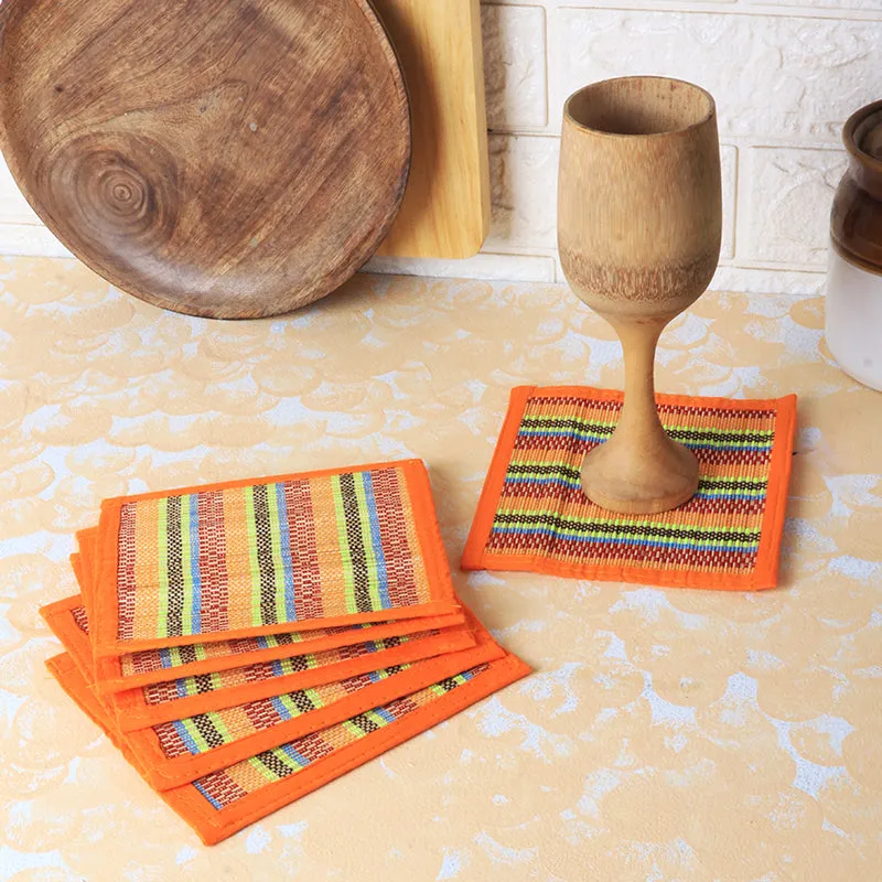Chequered Zen Bamboo Coaster (Orange) - Set Of Six media 1
