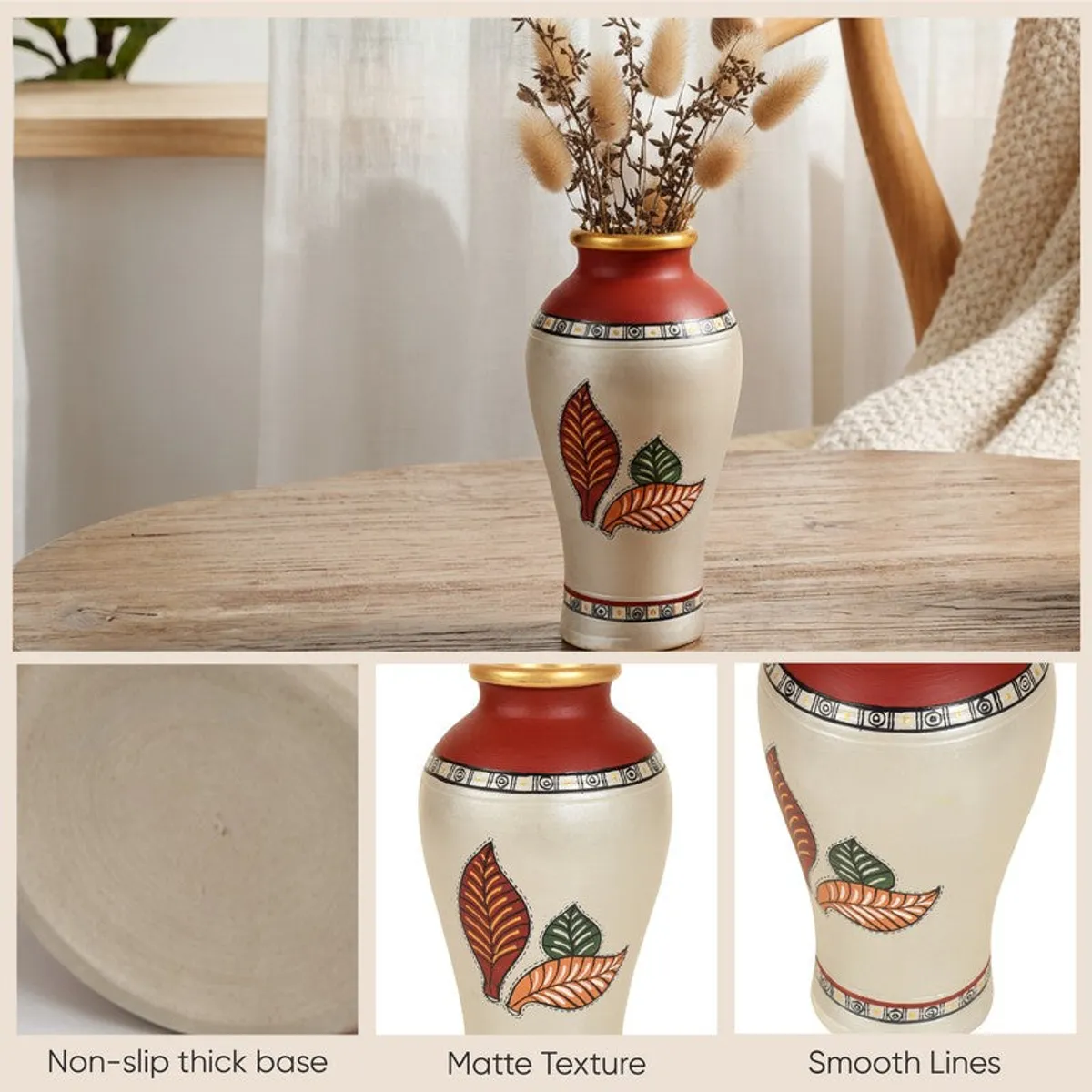 Collage of the terracotta vase with close-up views of base, body and painted motif