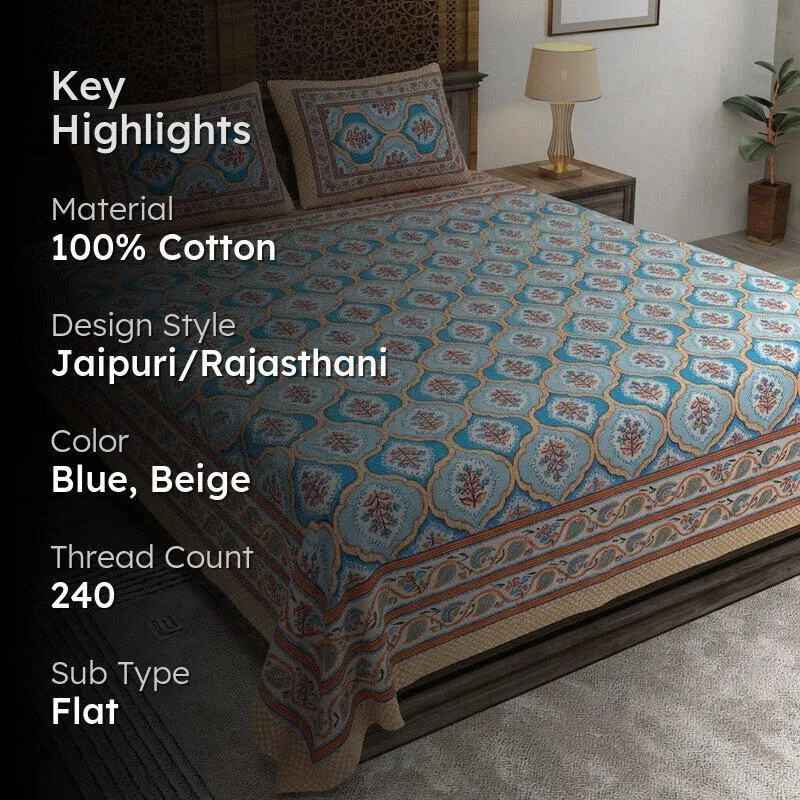 Rango Cotton Bedsheet (Blue,Beige) - 240 TC media 2