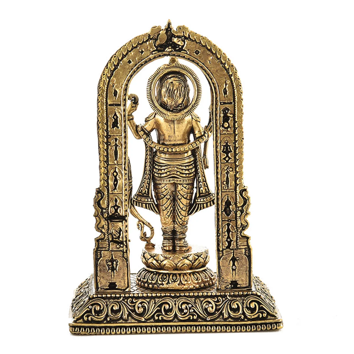 Rear view of the gold-toned Sriramachandra idol showing its detailed arched frame