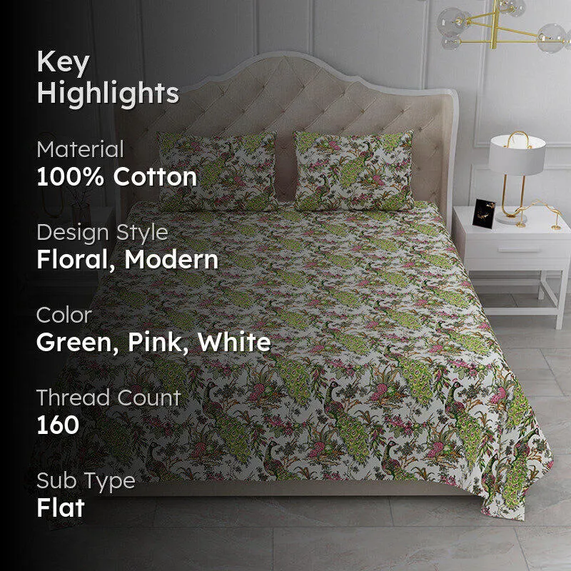 Vibrant Mor Floral Cotton Bedsheet (Green & Pink) - 160 TC media 2
