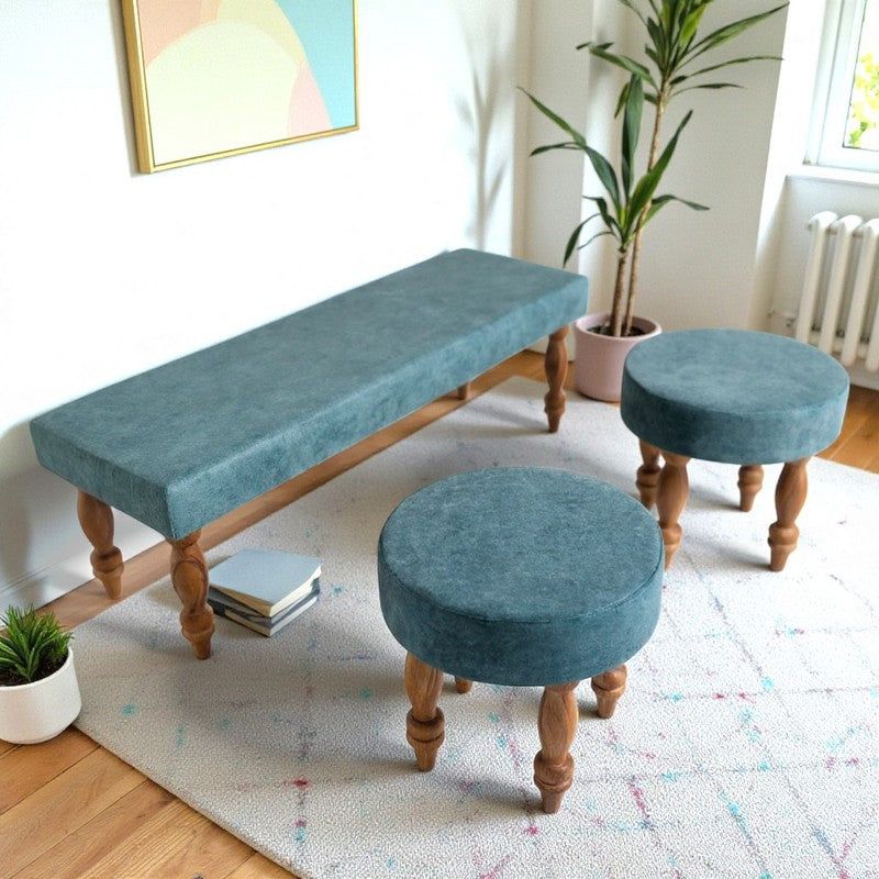Axiro Sheesham Wooden Bench with Stools (Blue) - Three Piece Set