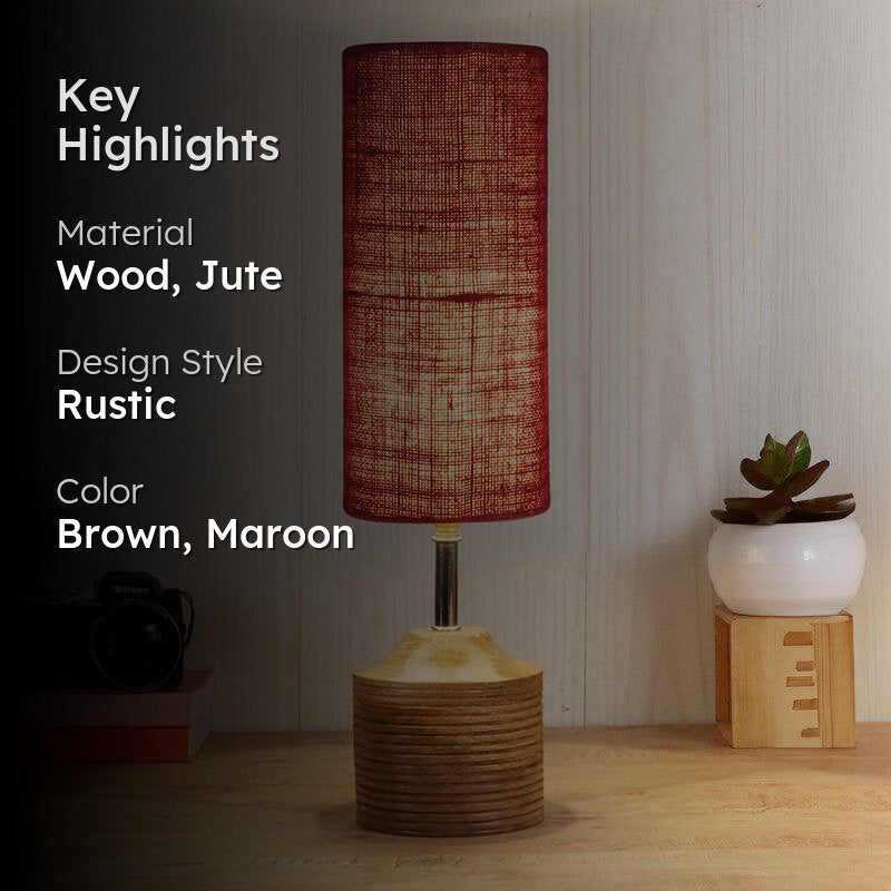 Vida Wooden Table Lamp With Jute Shade - Brown,Maroon image 2