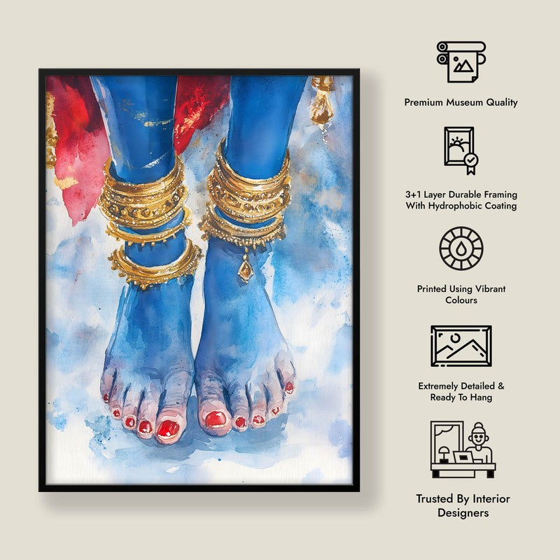 Blue Lotus Feet Spiritual Archival Paper Wall Painting With Frame - Black media 9
