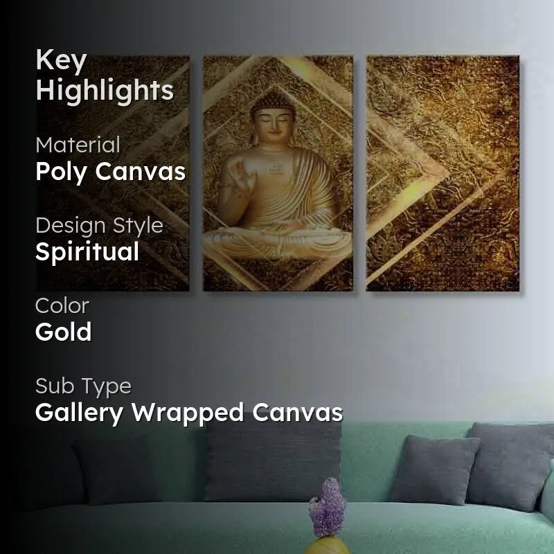 Lifestyle image of the gold three-panel Buddha wall art with a dark text overlay.