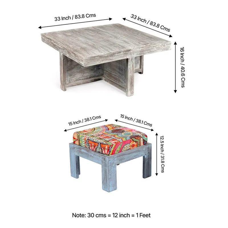 Fervon Sheesham Wooden Center Table with Stools and Cushions (Multicolor) - Nine Piece Set media 12