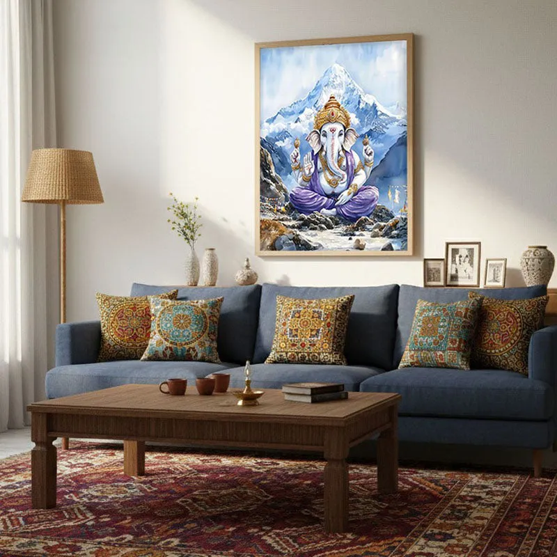 Ganapati Of The Heights Spiritual Archival Paper Wall Painting - Natural Brown Frame media 4