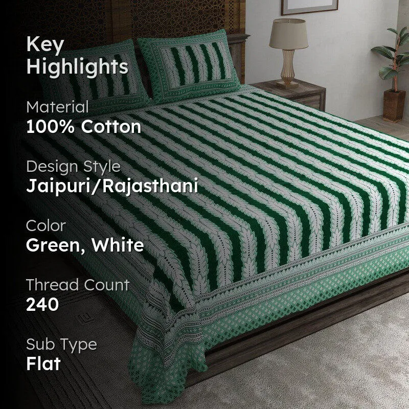 Designy Cotton Bedsheet (Green,White) - 240 TC media 2