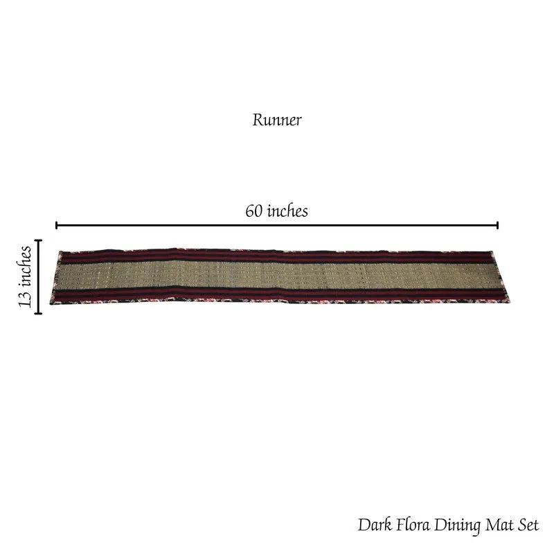 Full view of the rectangular maroon and black table runner