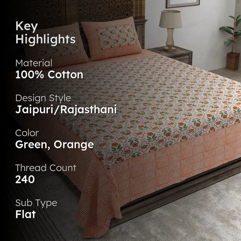 Aurao Cotton Bedsheet (Green,Orange) - 240 TC media 2