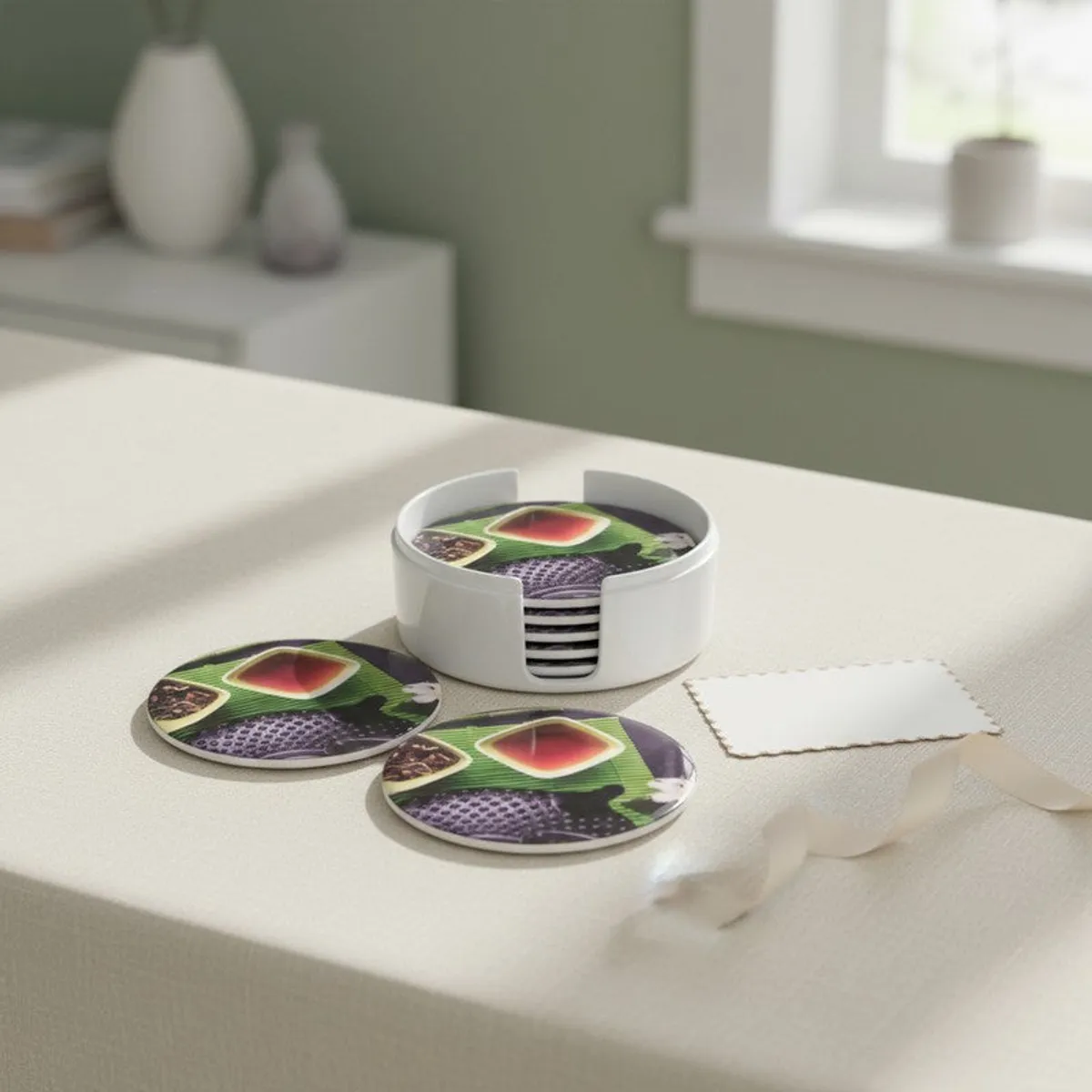 Two round coasters and a white coaster holder placed on a light tabletop