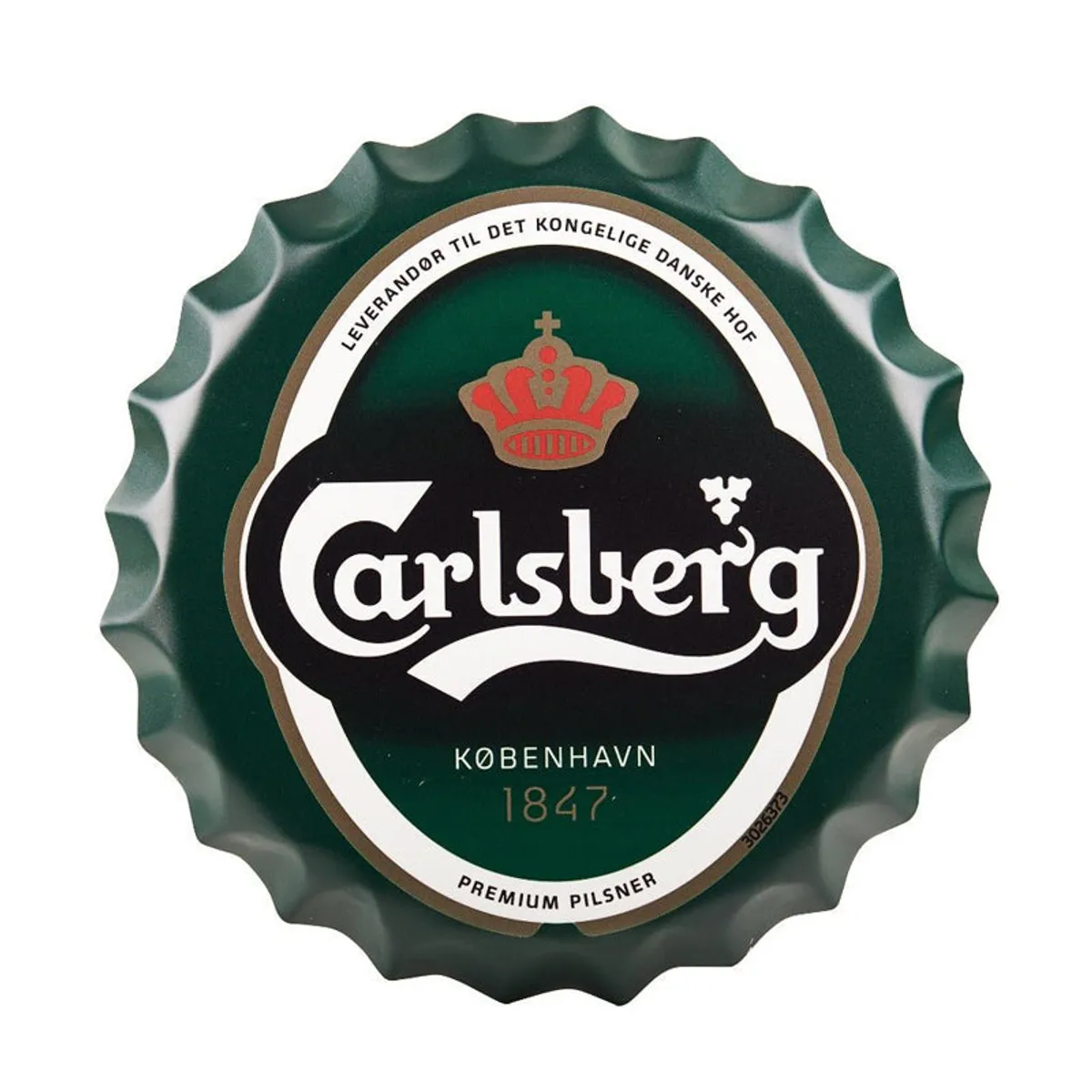 Front view of a round green Carlsberg 1847 bottle-cap wall accent