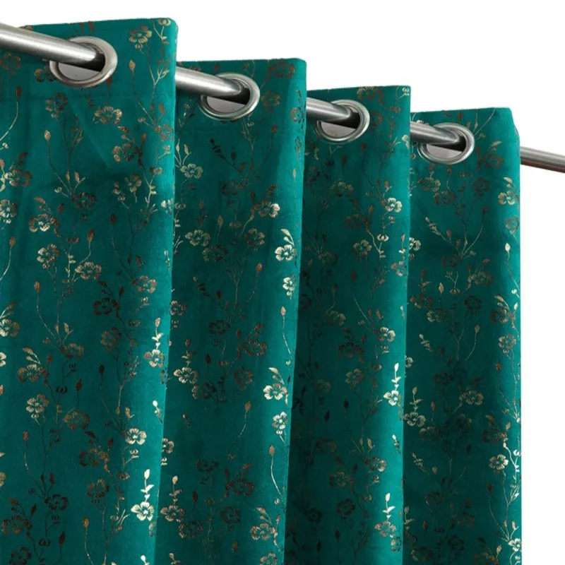 Glow Touch Printed Velvet Curtains (Teal,Gold) - Set Of Two media 3