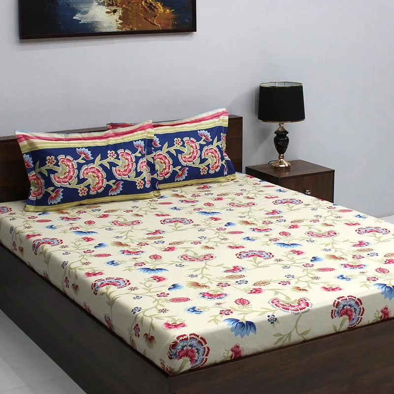 Siya Floral Cotton Bedsheet (Blue,Yellow) - 110 TC media 3