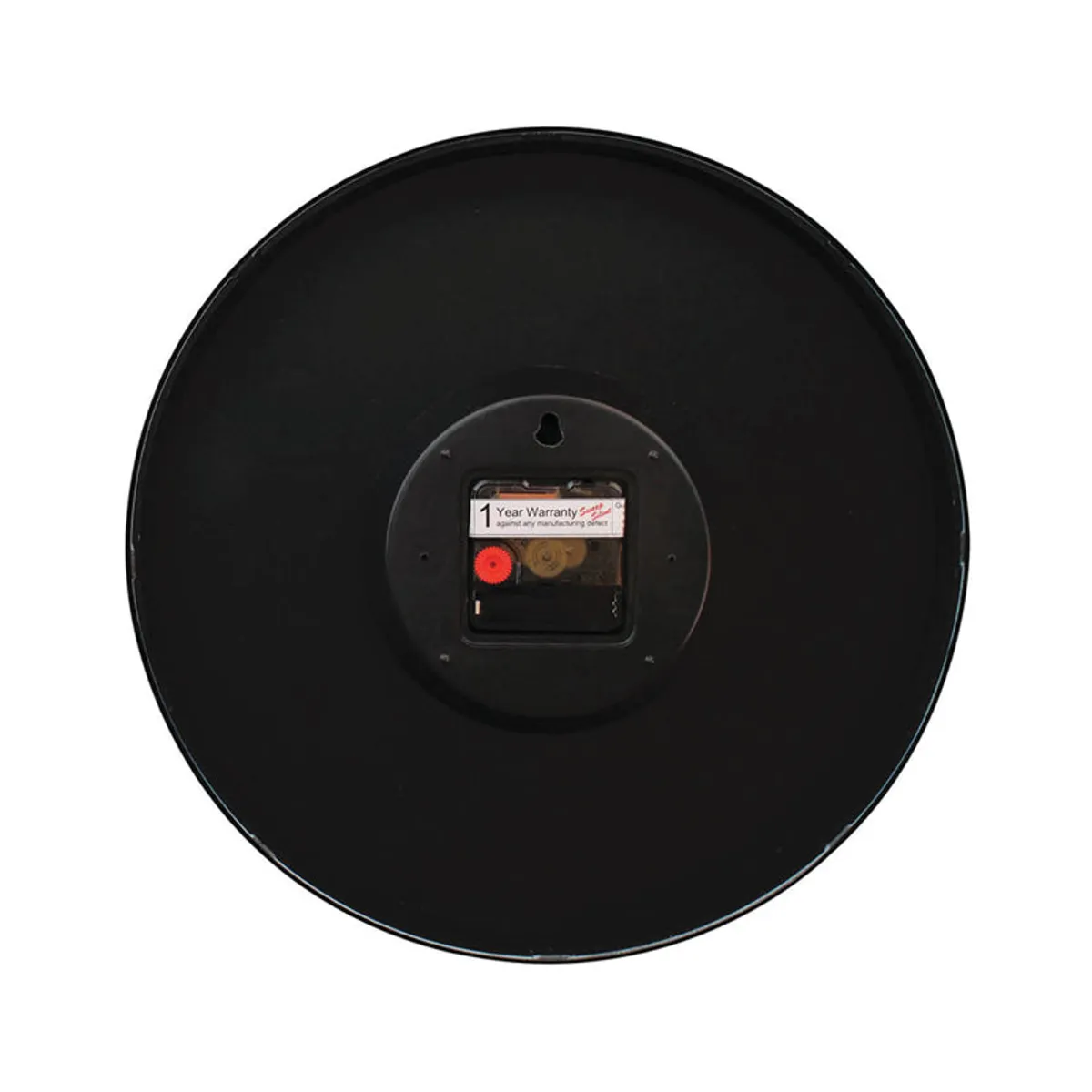 Back view of the round black wall clock showing its battery compartment