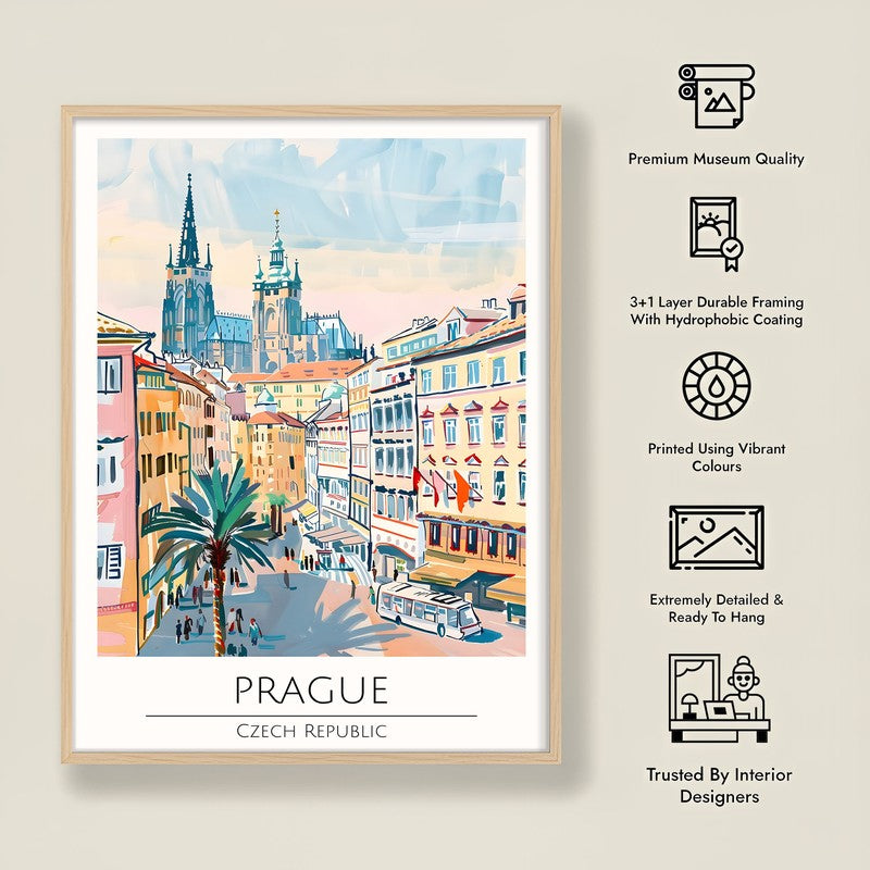 Vintage Prague Framed Canvas Archival Canvas Wall Painting - Natural Brown Frame media 8
